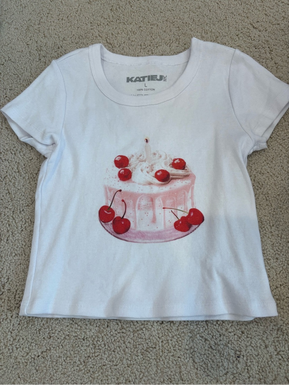 Katie J NYC Girls Cake with Cherry, Short Sleeve Tee, Size Large Tween